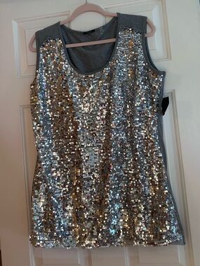 NWT Tahari Gray Sequined Sleeveless Top XL